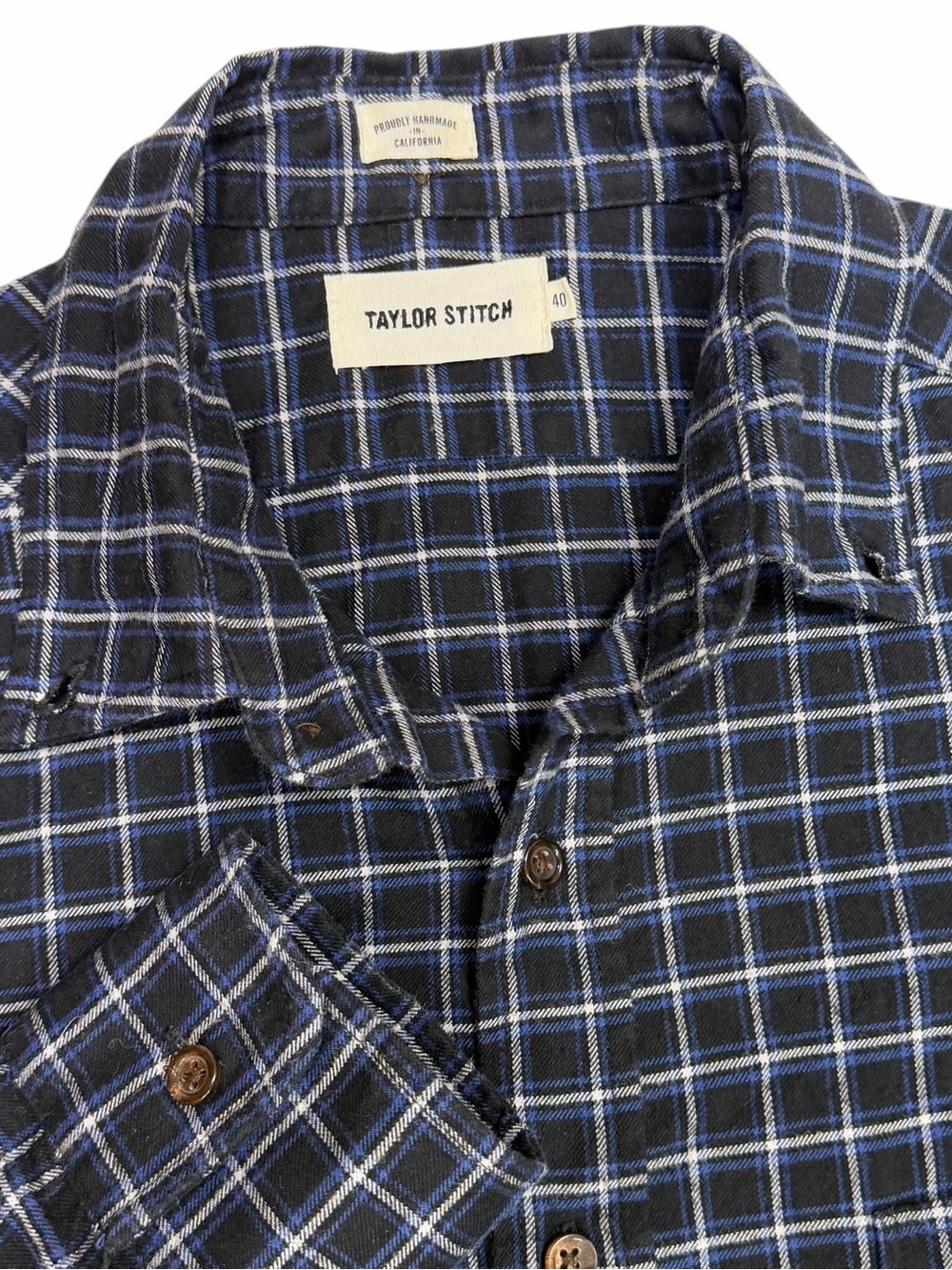 Taylor Stitch Shirt Mens Medium 40 Black Blue Plaid Flannel Button Huckberry USA
